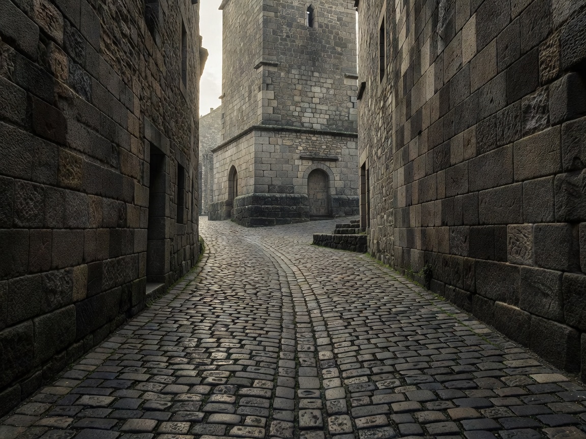Ancient cobblestone alley leading toward historic stone monument