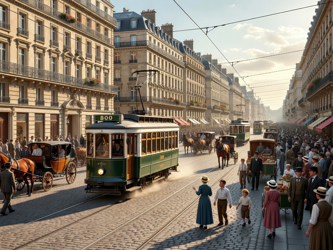Bustling European grand boulevard with vintage tram