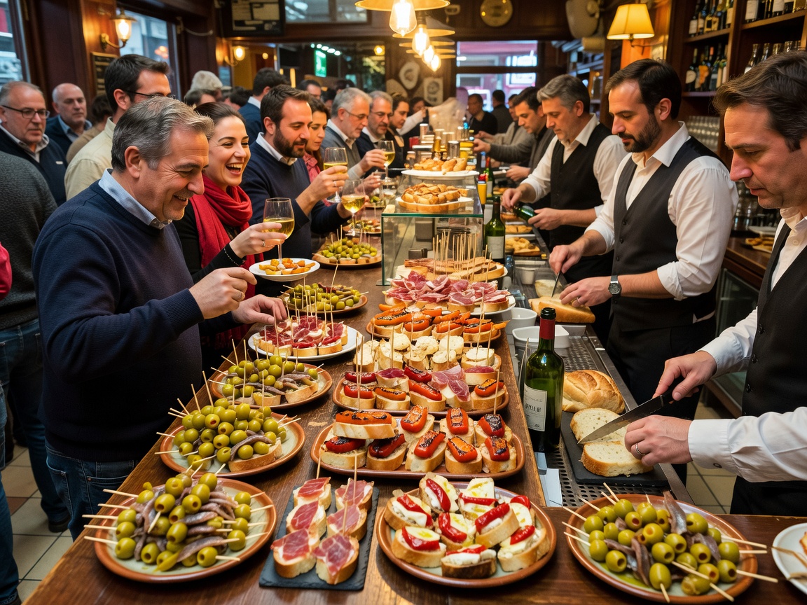 Bustling tapas counter in San Sebastián filled with savory pintxos