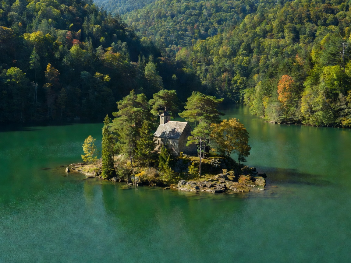 Emerald lake with a small island church surrounded by wooded hills