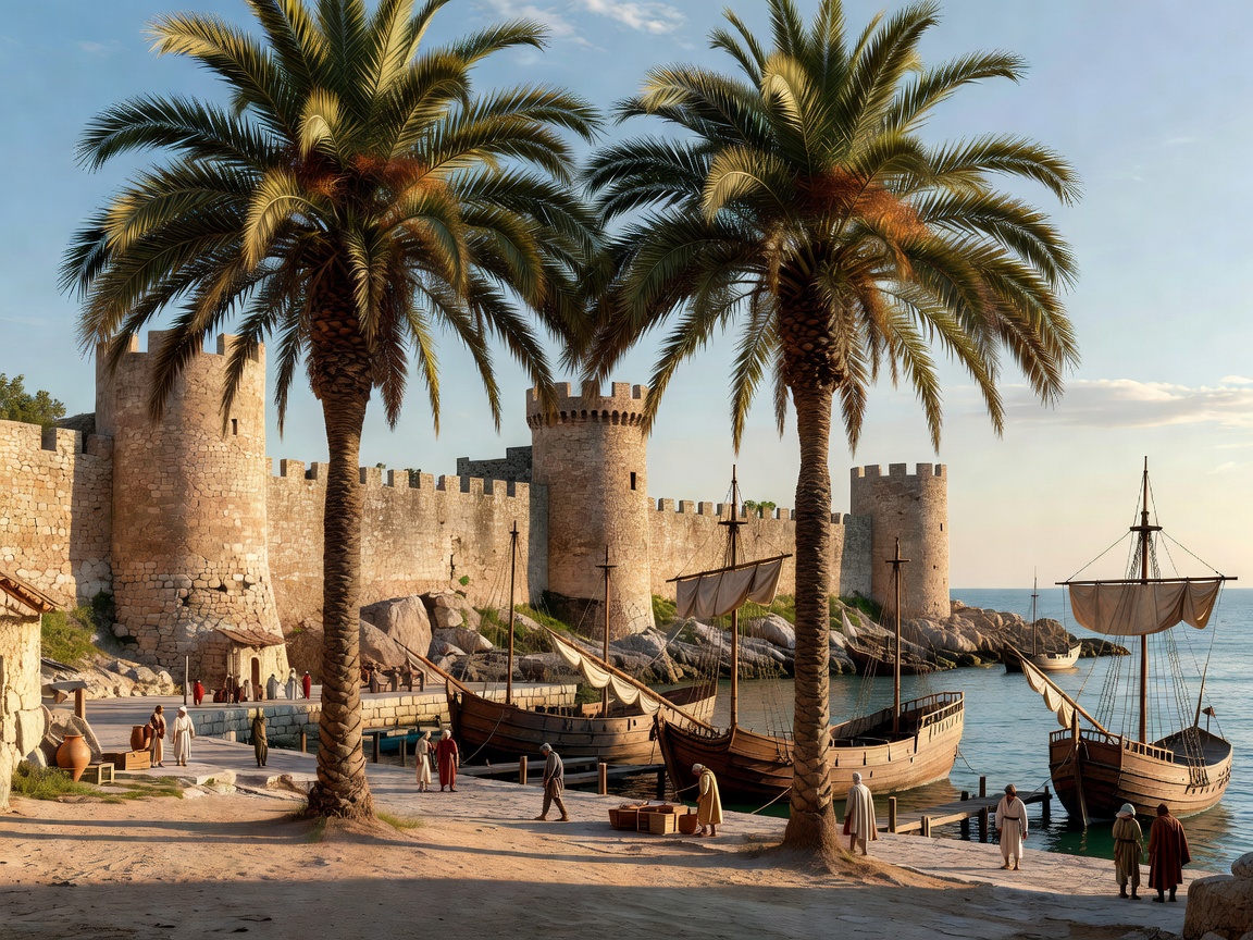 Harbor palm trees framing historic Mediterranean castle walls in Málaga
