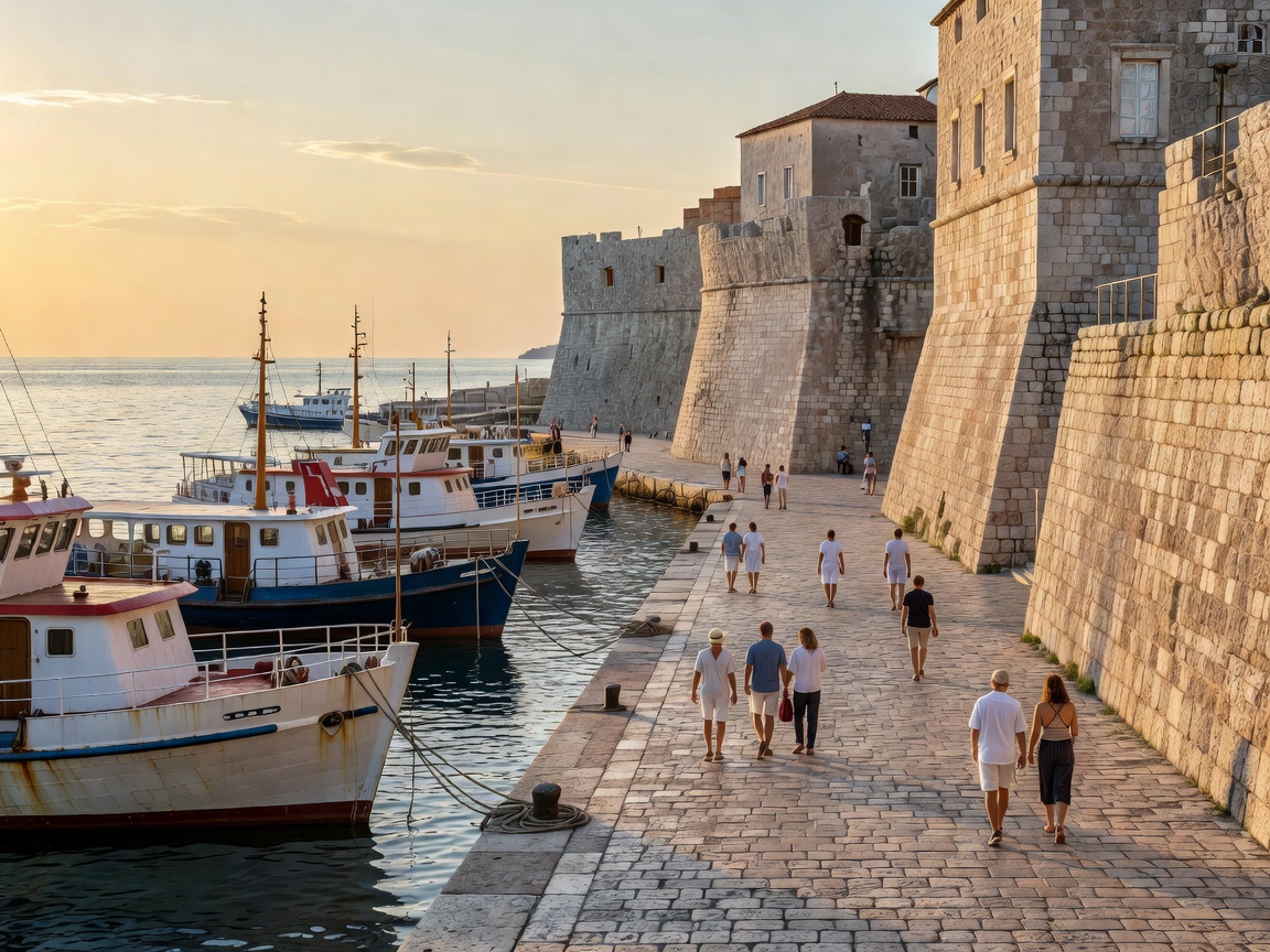Harbor promenade in Split with stone palace walls and docked ferries