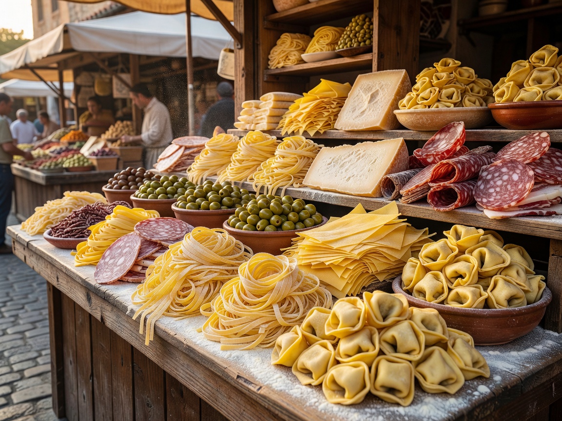 Italian fresh pasta and regional specialty food market stall