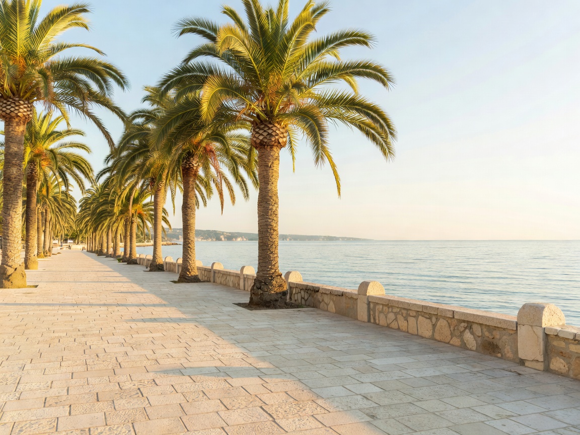 Mediterranean seaside promenade with palm trees and pale blue sea
