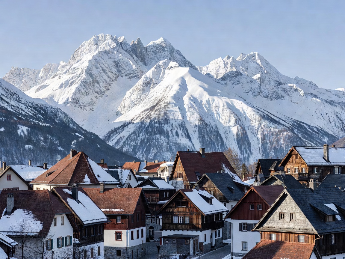 Snowcapped Austrian Alpine peaks overlooking historic town rooftops