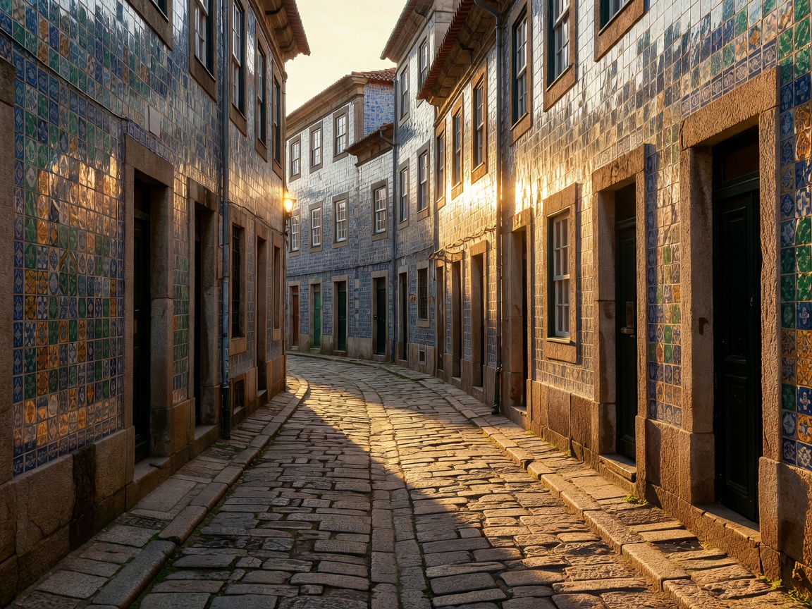 Tile-covered stone street in Porto at golden hour