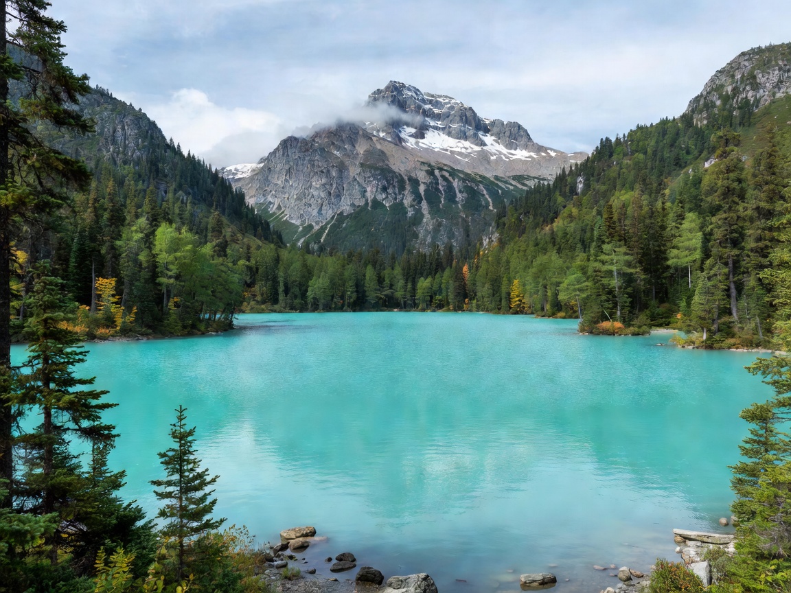 Turquoise alpine lake with wooded shores and distant mountain peak