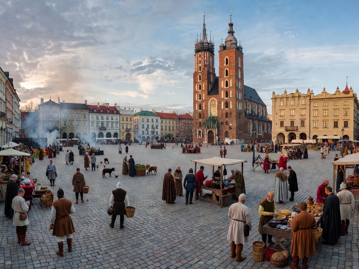 Vast medieval main square in Kraków with church towers